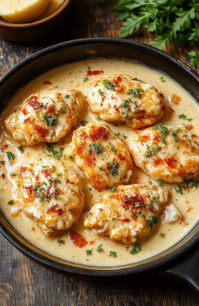 A vibrant skillet filled with sliced tender chicken coated in a rich, creamy sauce with bright yellow-green pepperoncini peppers scattered on top. The dish is garnished with fresh herbs and served on a rustic wooden table, showcasing a colorful, appetizing presentation with a glossy finish and textured ingredients.