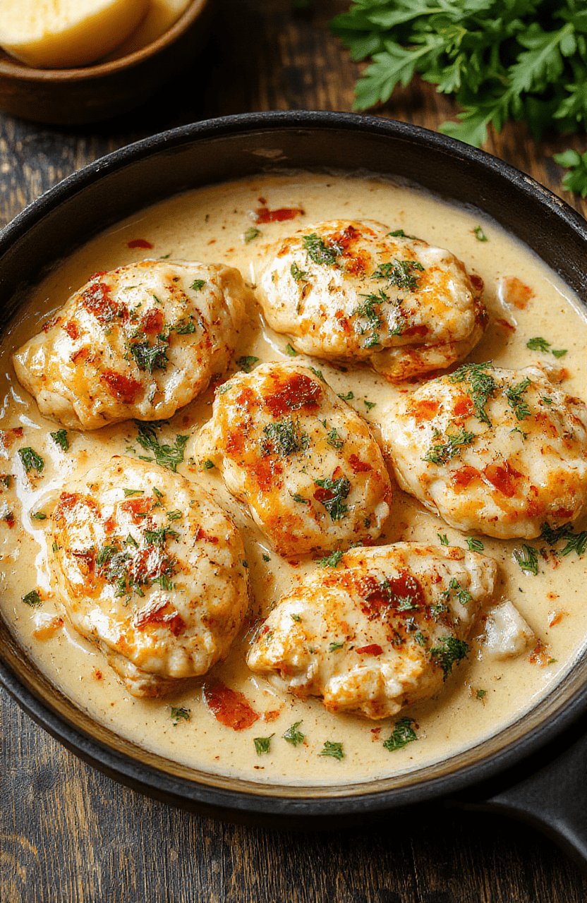 A vibrant skillet filled with sliced tender chicken coated in a rich, creamy sauce with bright yellow-green pepperoncini peppers scattered on top. The dish is garnished with fresh herbs and served on a rustic wooden table, showcasing a colorful, appetizing presentation with a glossy finish and textured ingredients.