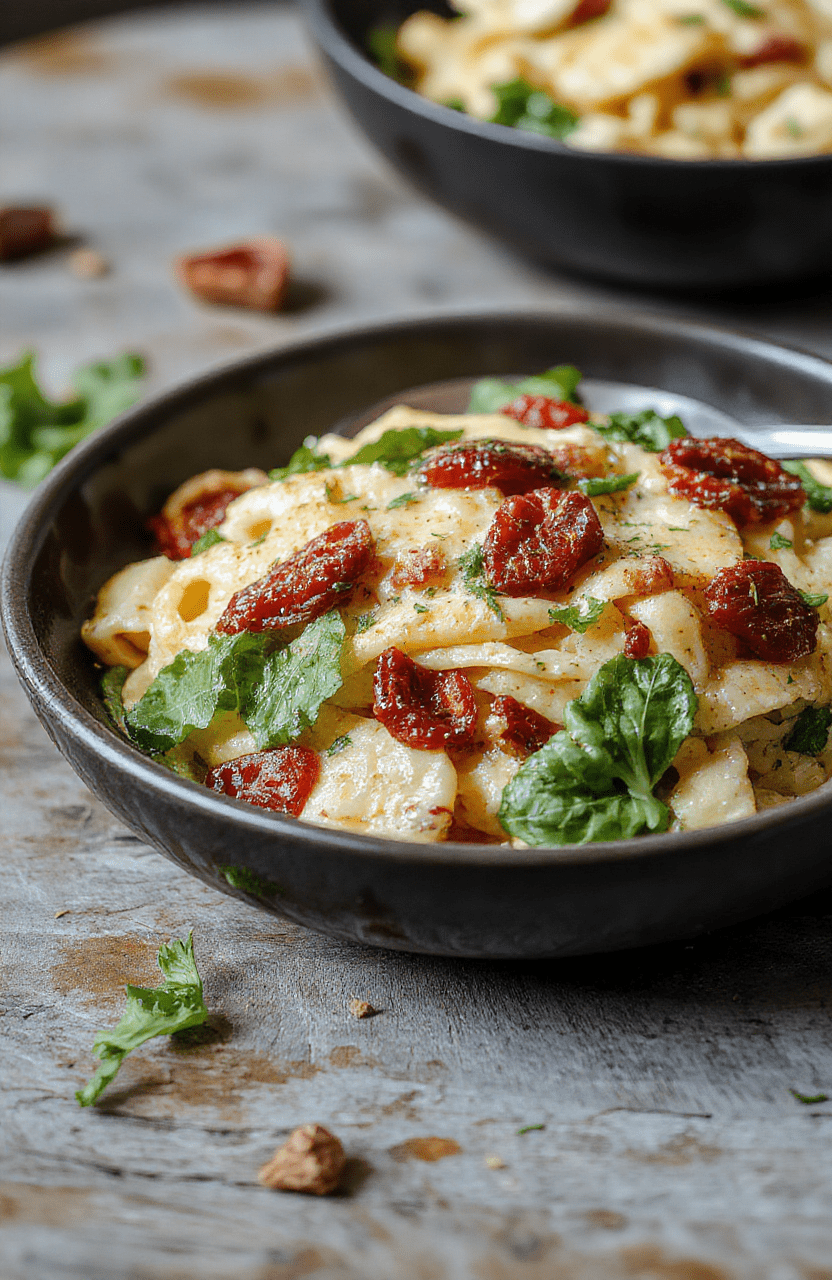 A vibrant plate of creamy sun-dried tomato spaghetti topped with fresh spinach, garnished with herbs, featuring a rich sauce and al dente pasta on a rustic wooden surface, styled simply with natural light highlighting textures and colors.