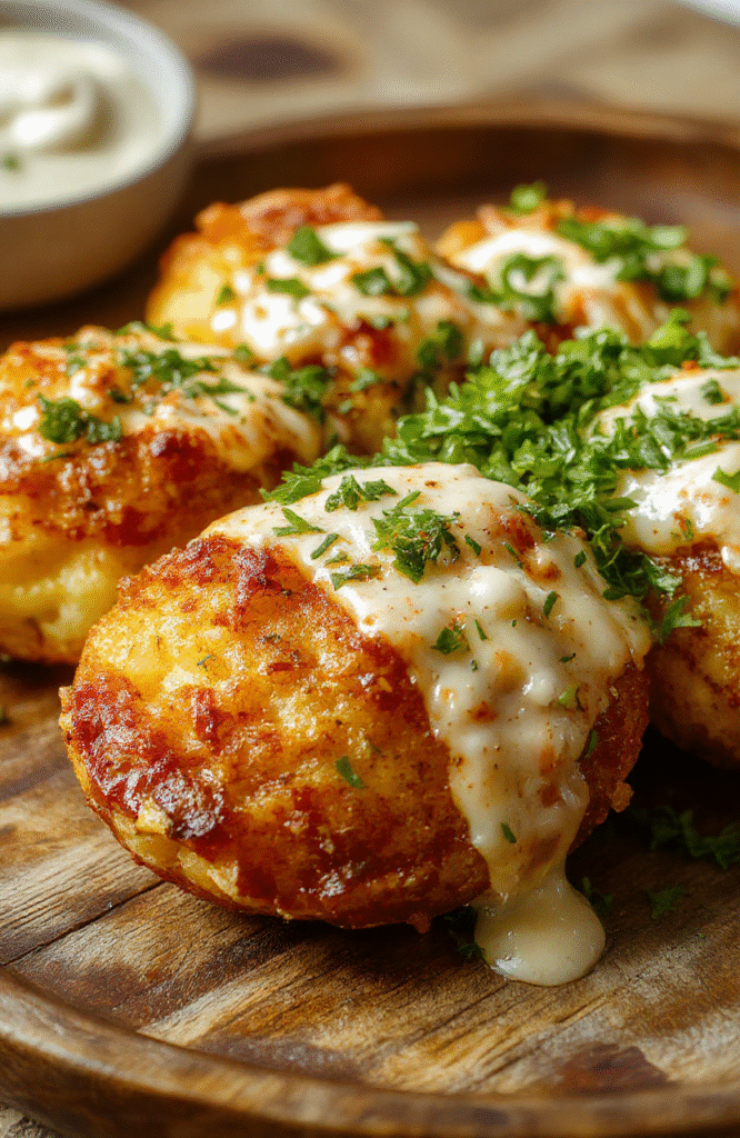A close-up of golden-brown crispy baked potatoes with fluffy, creamy insides, arranged on a rustic wooden board. The skin is textured and slightly wrinkled, topped with a pat of melting butter and sprinkled with fresh herbs. The background features a soft, blurred kitchen setting with natural light highlighting the textures and inviting appeal of the dish.