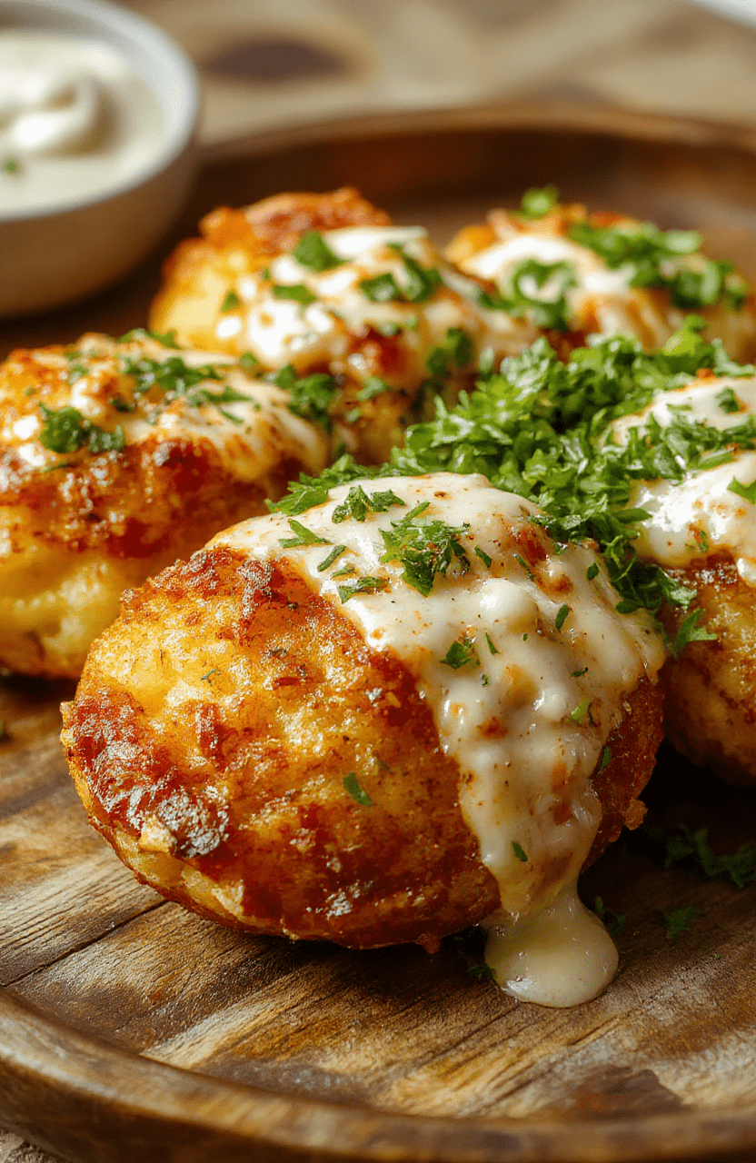 A close-up of golden-brown crispy baked potatoes with fluffy, creamy insides, arranged on a rustic wooden board. The skin is textured and slightly wrinkled, topped with a pat of melting butter and sprinkled with fresh herbs. The background features a soft, blurred kitchen setting with natural light highlighting the textures and inviting appeal of the dish.