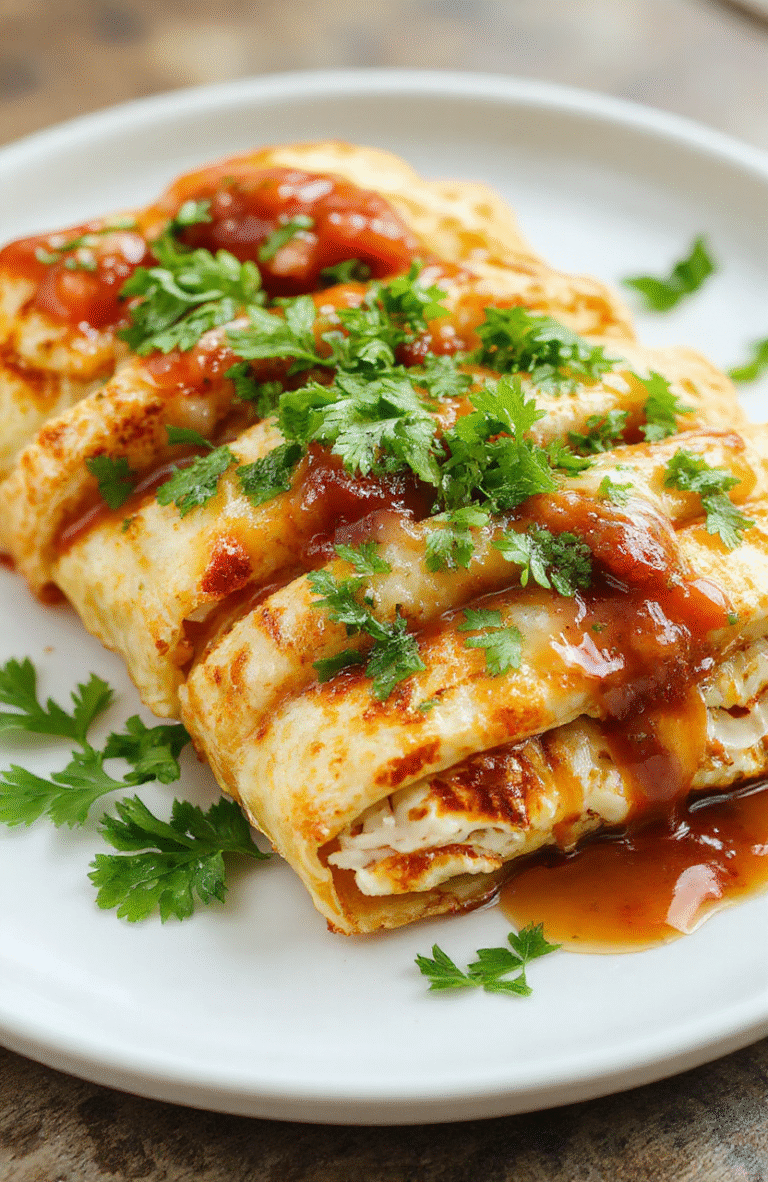 Golden brown crispy chicken taquitos arranged on a white plate with a side of fresh salsa, garnished with cilantro. The taquitos have a crunchy texture with visible shredded chicken and melted cheese, styled simply to showcase their crispy exterior and appetizing filling.