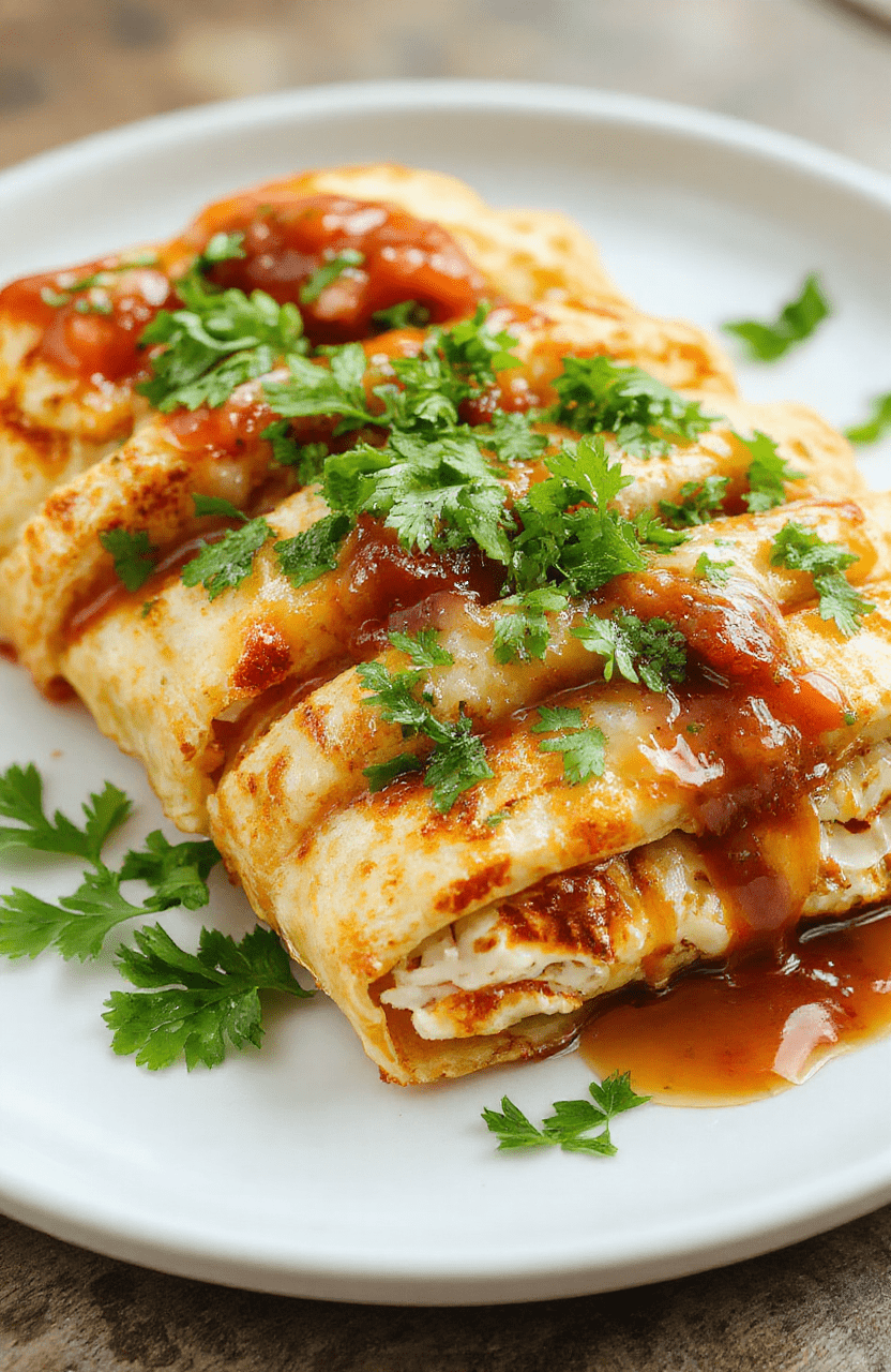 Golden brown crispy chicken taquitos arranged on a white plate with a side of fresh salsa, garnished with cilantro. The taquitos have a crunchy texture with visible shredded chicken and melted cheese, styled simply to showcase their crispy exterior and appetizing filling.