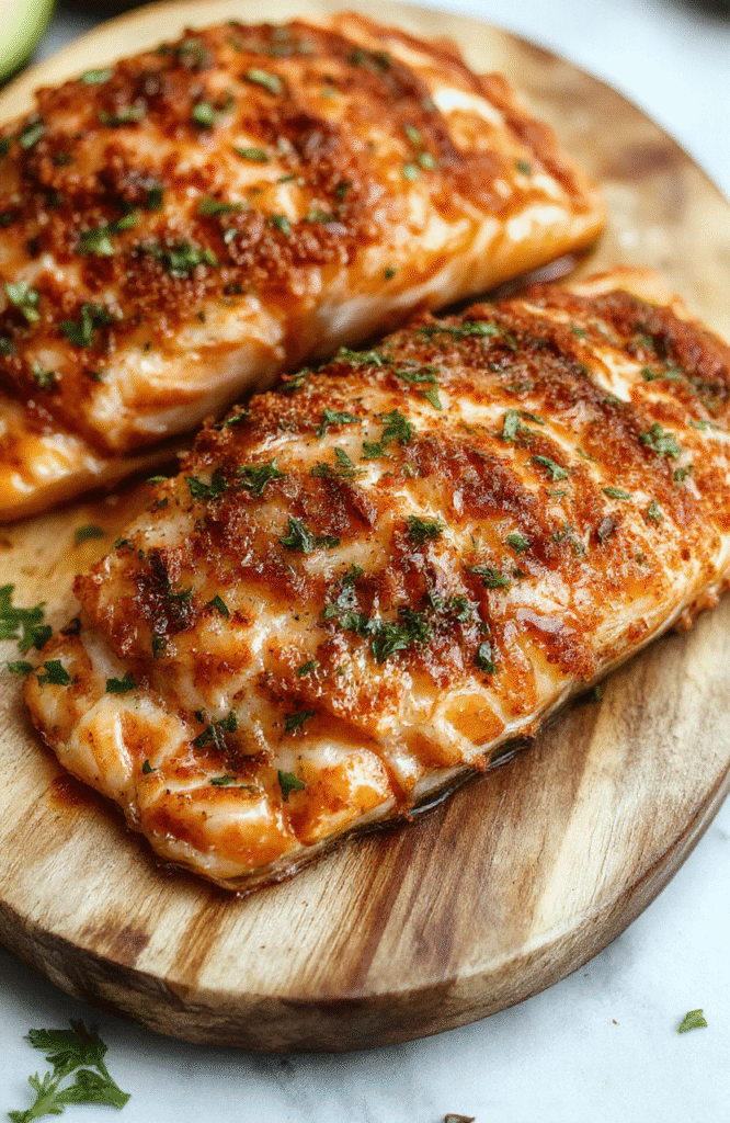Golden-brown, flaky salmon fillets with crispy edges, stacked neatly on a white plate with fresh lemon wedges and herbs, served on a rustic wooden surface, vibrant and appetizing with high gloss and crispy textures.