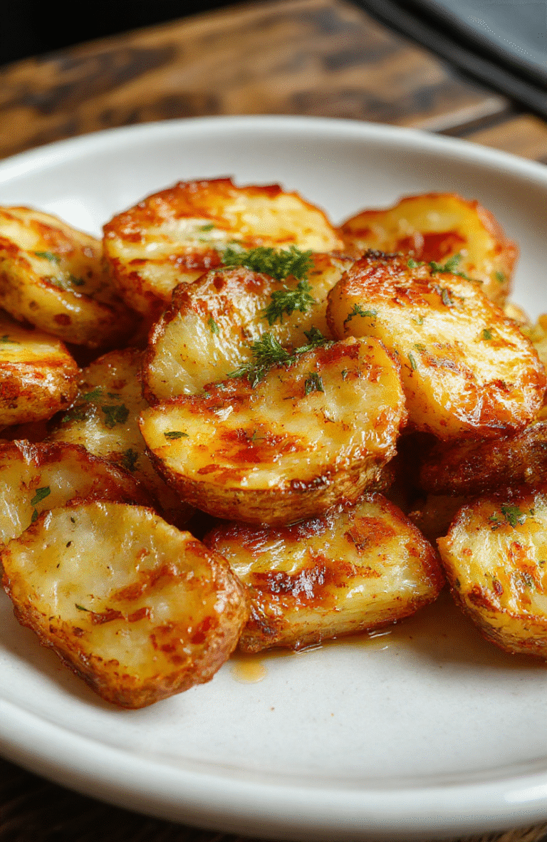 Golden crispy baked potato slices arranged on a rustic white plate, garnished with fresh herbs, showing crispy edges and fluffy interior, styled on a wooden table with natural daylight highlighting the textures and vibrant color contrast.