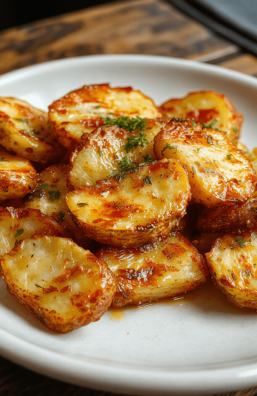 Golden crispy baked potato slices arranged on a rustic white plate, garnished with fresh herbs, showing crispy edges and fluffy interior, styled on a wooden table with natural daylight highlighting the textures and vibrant color contrast.