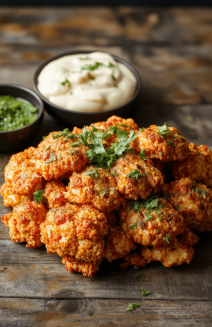 Vibrant golden crispy cauliflower florets coated with spicy buffalo sauce, served on a white plate with a side of fresh celery sticks, styled in a casual setting with a rustic wooden background, showcasing textures of crispy coating and glossy sauce, topped with a sprinkle of chopped green herbs.