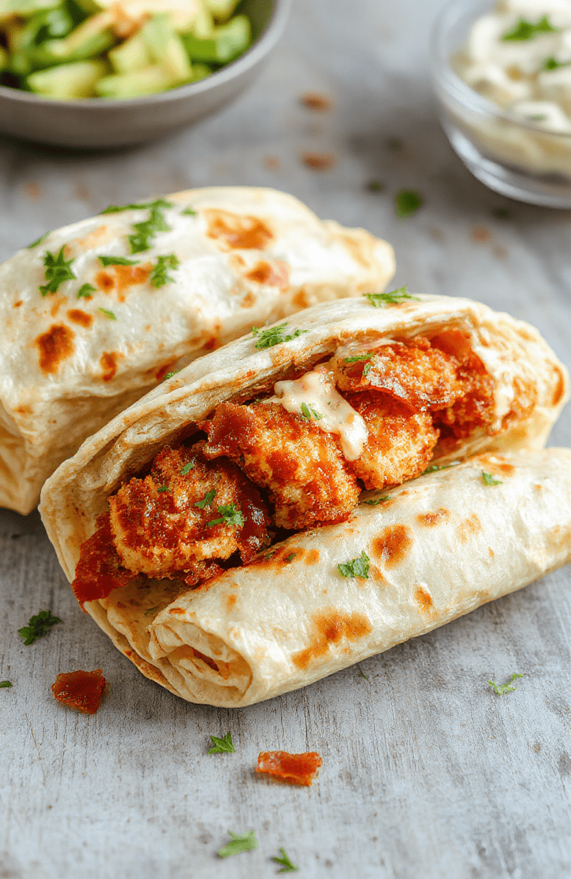 A vibrant plate featuring golden crispy chicken slices wrapped with crisp bacon, fresh lettuce, and drizzled ranch dressing on a white ceramic plate, with colorful ingredients scattered around, textured and appetizing.