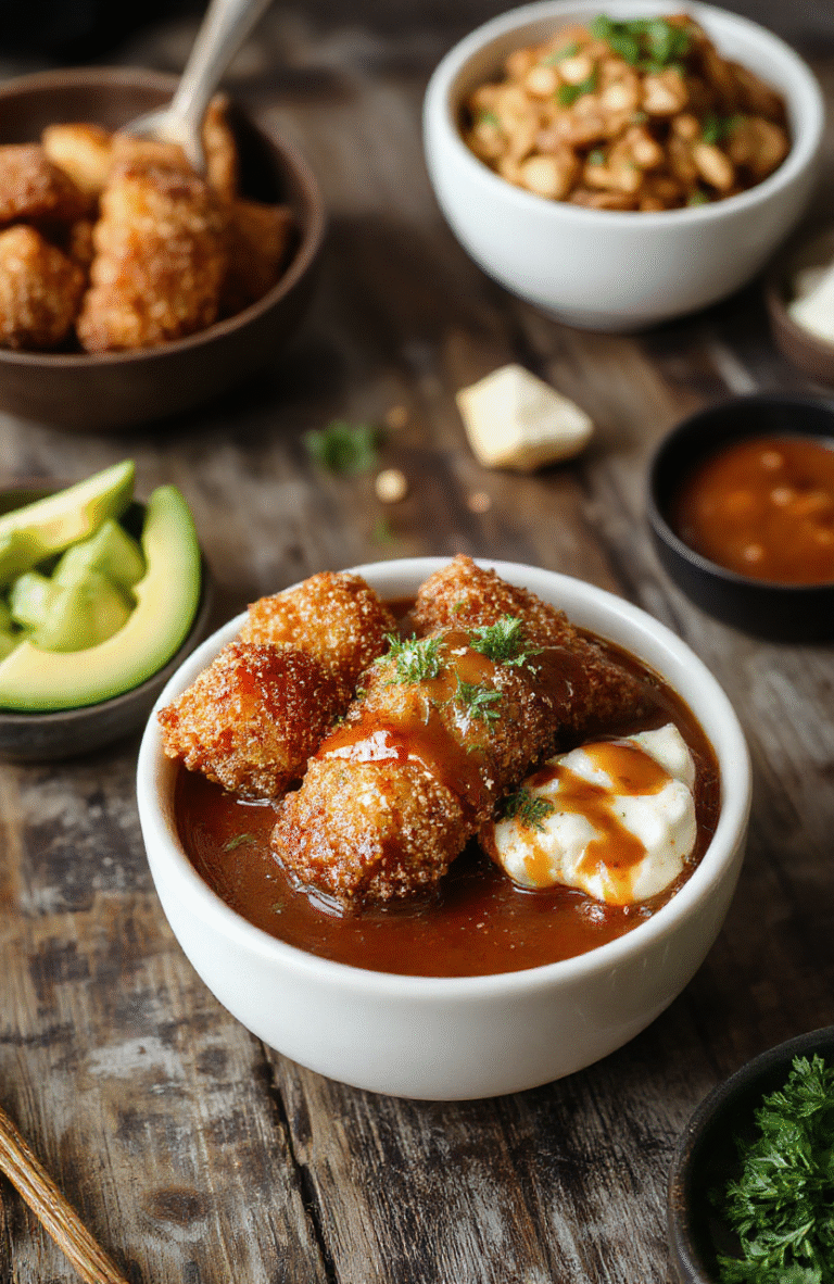 A vibrant bowl featuring golden crispy breaded pork cutlet sliced over steamed white rice, topped with shredded cabbage, drizzled with rich homemade tonkatsu sauce, garnished with chopped green onions. The bowl is colorful and inviting, styled with a clean wooden table background, emphasizing textures of crispy breading and glossy sauce.