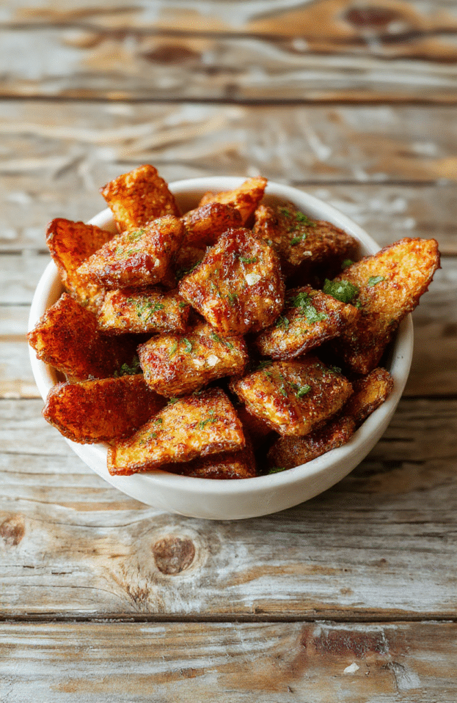 A vibrant plate of crispy golden sweet potato fries arranged neatly on a rustic wooden surface. The fries have a textured, crunchy exterior with a soft, tender interior. The background features a light-colored cloth napkin and a small bowl of dipping sauce, styled simply to highlight the fries' appealing color and crispiness, with a focus on the texture and seasoning.