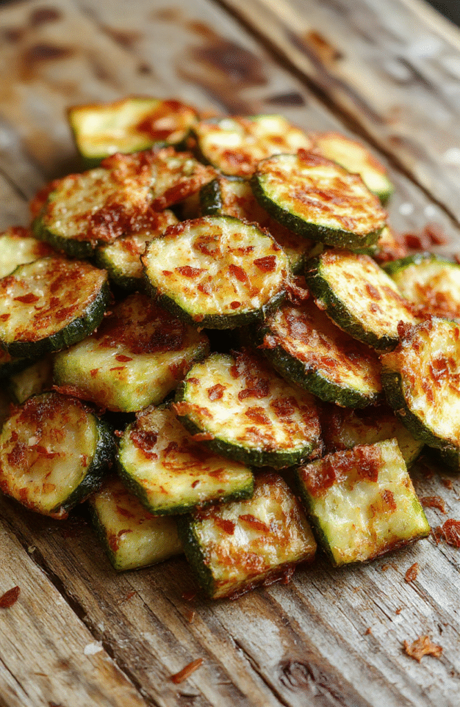 Golden crispy baked zucchini slices topped with grated Parmesan cheese, arranged on a white plate with a sprinkle of herbs, vibrant green zucchini contrasting with the golden crust, clean and inviting presentation, styled simply on a rustic wooden surface.