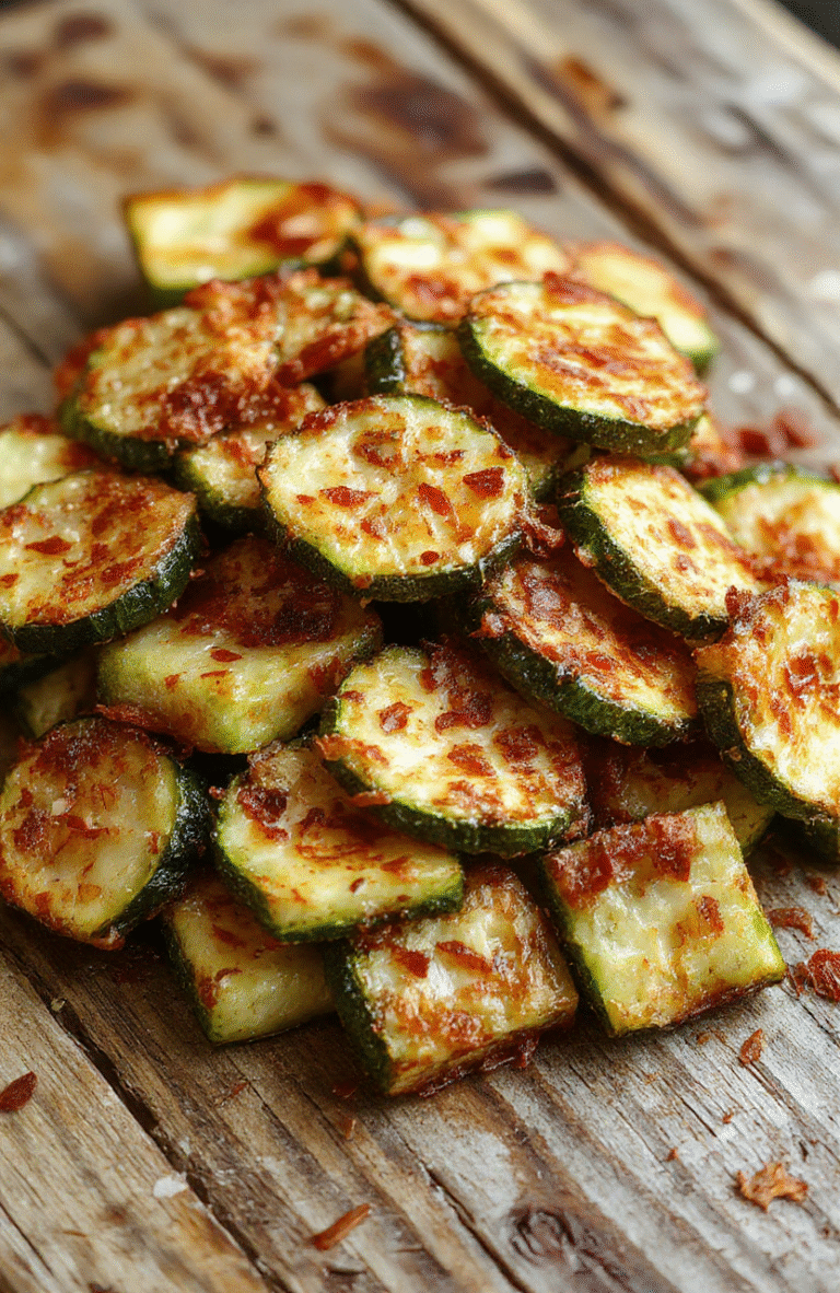 Golden crispy baked zucchini slices topped with grated Parmesan cheese, arranged on a white plate with a sprinkle of herbs, vibrant green zucchini contrasting with the golden crust, clean and inviting presentation, styled simply on a rustic wooden surface.