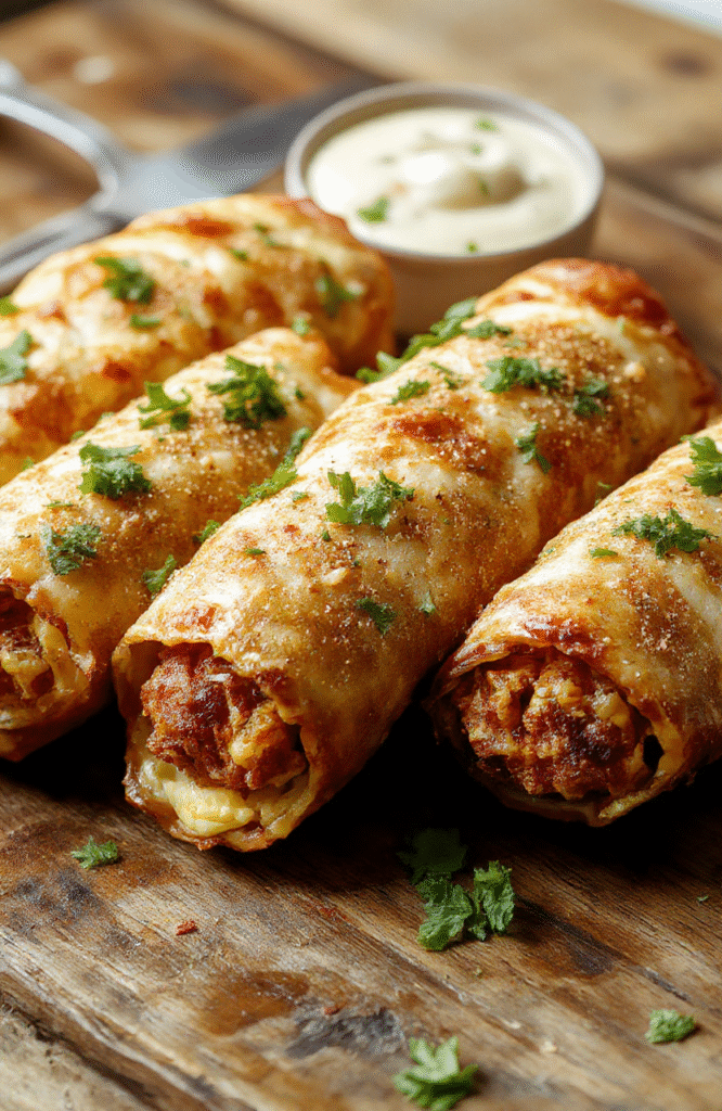 Colorful crispy homemade southwest egg rolls arranged on a rustic wooden platter with visible fillings of black beans, corn, and melted cheese, garnished with fresh cilantro and sliced jalapenos, with a vibrant sauce in a small bowl nearby. The textures show a golden, crispy exterior contrasting with the savory filling, styled in a casual earthy setting.