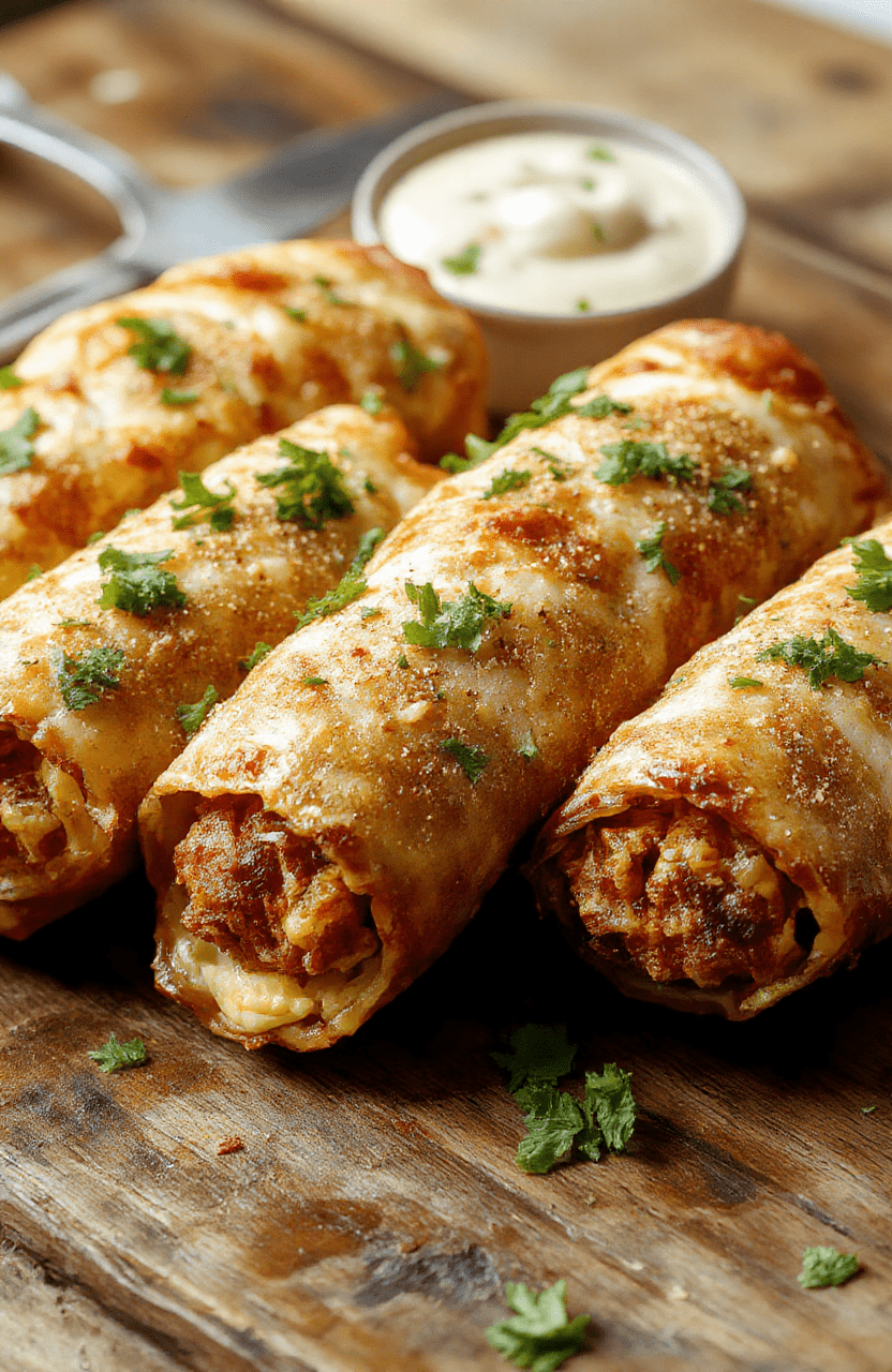 Colorful crispy homemade southwest egg rolls arranged on a rustic wooden platter with visible fillings of black beans, corn, and melted cheese, garnished with fresh cilantro and sliced jalapenos, with a vibrant sauce in a small bowl nearby. The textures show a golden, crispy exterior contrasting with the savory filling, styled in a casual earthy setting.