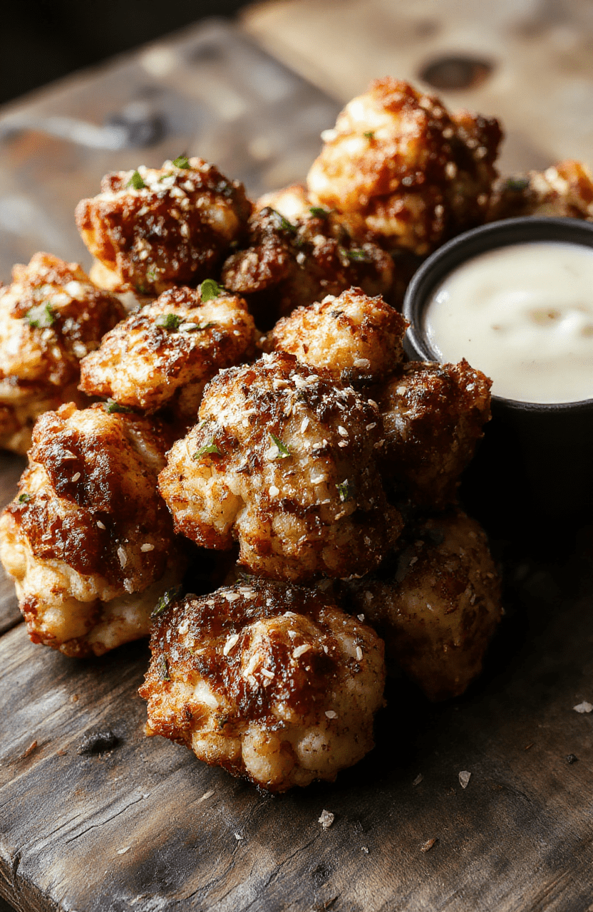 Plate of golden-brown crispy cauliflower wings coated in sesame seeds and vibrant green garnish arranged on a rustic wooden surface, with a slight tilt showcasing the crunchy texture and glossy sesame seeds, styled for a casual yet appetizing presentation.