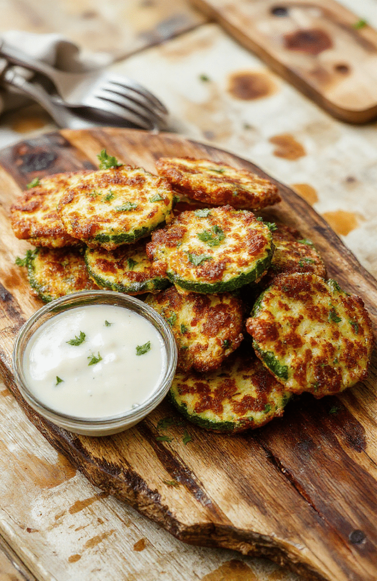 Golden-brown crispy zucchini fritters stacked on a rustic wooden platter, garnished with fresh herbs, with a light dipping sauce on the side. The fritters show a crunchy exterior with tender zucchini bits visible inside, styled casually with a blurred background.