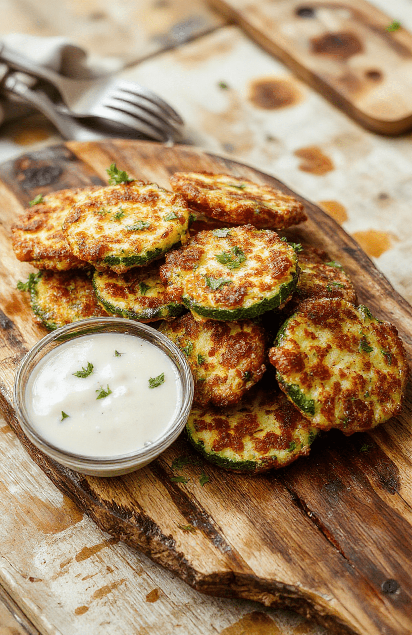 Golden-brown crispy zucchini fritters stacked on a rustic wooden platter, garnished with fresh herbs, with a light dipping sauce on the side. The fritters show a crunchy exterior with tender zucchini bits visible inside, styled casually with a blurred background.