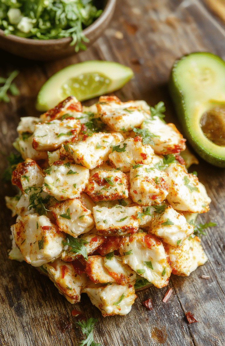 A vibrant bowl of crunchily coated chicken pieces mixed with chopped dill pickles, fresh herbs, and a creamy dressing, garnished with dill sprigs. The dish is presented in a white ceramic bowl on a rustic wooden table with a soft natural light highlighting the crispy textures and fresh ingredients.