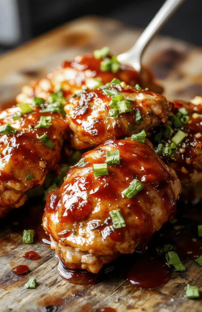 A vibrant plate of gluten-free teriyaki chicken arranged neatly on a white ceramic dish. The chicken is glazed with glossy, caramelized teriyaki sauce, garnished with sesame seeds and chopped green onions. The dish is presented with a side of colorful steamed vegetables, styled atop a rustic wooden table with natural daylight highlighting the textures and shine of the sauce, creating an appetizing and inviting visual.