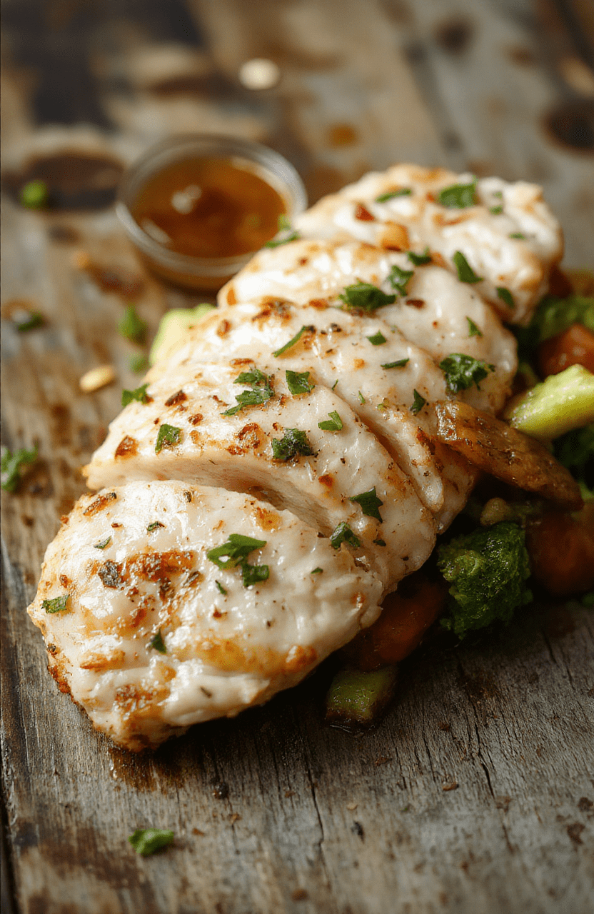 Colorful plate featuring golden-brown air fryer chicken breasts paired with roasted mixed vegetables including bell peppers, zucchini, and carrots. The chicken has a crispy texture, garnished with fresh herbs, with vegetables lightly charred, vibrant and inviting. The dish is neatly plated on a rustic wooden table with soft natural light highlighting textures and colors.