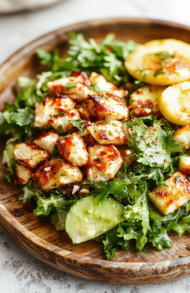 A vibrant Asian chicken crunch salad arranged on a rustic wooden plate featuring colorful shredded vegetables, crispy fried chicken pieces, sprinkled sesame seeds, and fresh herbs, all styled with a light drizzle of dressing. The scene emphasizes the crunchy textures and bright colors, capturing a fresh, appetizing look perfect for a casual meal.