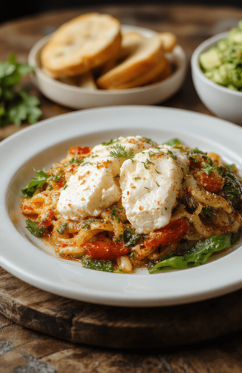 A vibrant plate of baked feta and veggie pasta featuring creamy feta cheese melted over al dente pasta, colorful cherry tomatoes, zucchini slices, and fresh herbs, garnished with a sprinkle of black pepper. The dish is styled on a rustic wooden table with natural light highlighting the textures and vivid colors of the ingredients.