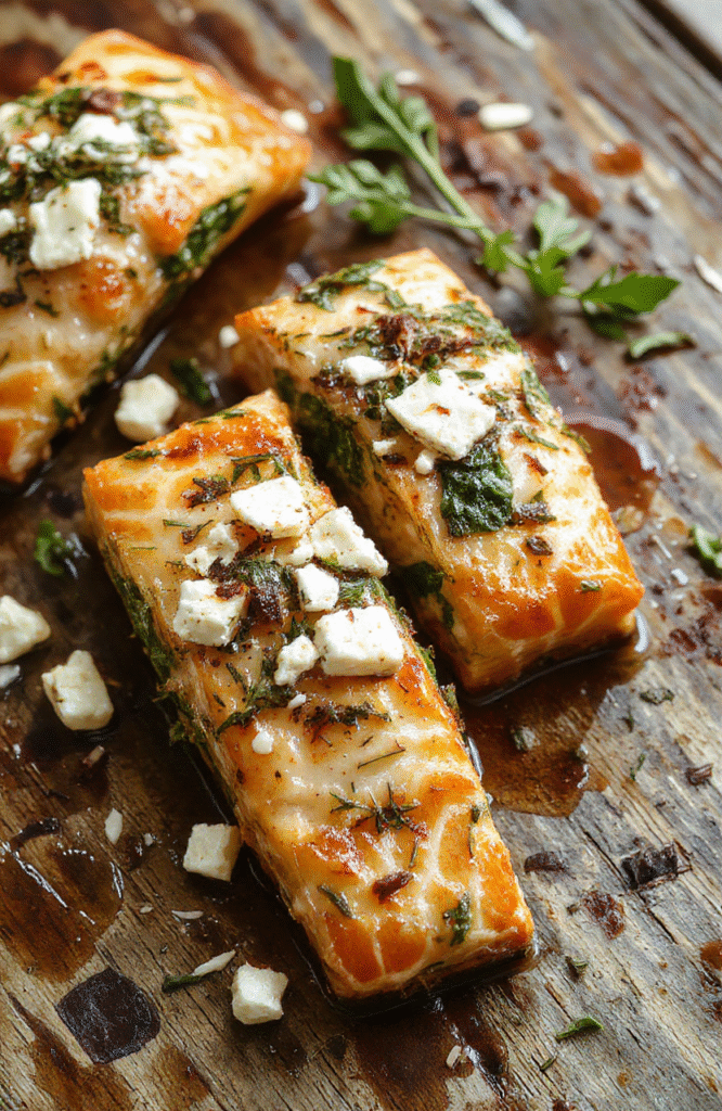 Colorful baked stuffed salmon on a white plate, topped with melted feta and fresh spinach, surrounded by lemon wedges, vibrant herbs scattered around, styled simply with a rustic wooden background, highlighting the flaky salmon texture and cheesy filling.