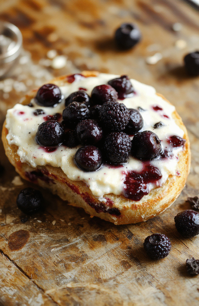 A slice of golden-brown blueberry cream cheese bread topped with a swirl of creamy filling, fresh blueberries scattered on top, sliced on a rustic wooden board, with a soft focus background highlighting its moist texture and vibrant fruit.