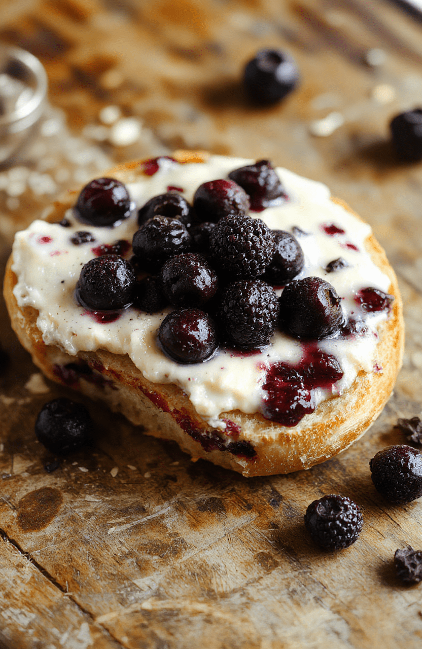 A slice of golden-brown blueberry cream cheese bread topped with a swirl of creamy filling, fresh blueberries scattered on top, sliced on a rustic wooden board, with a soft focus background highlighting its moist texture and vibrant fruit.