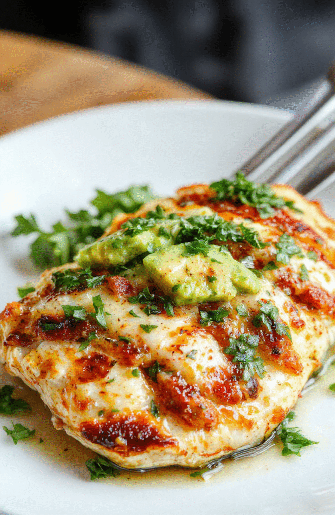 Colorful grilled chicken topped with creamy slices of avocado, garnished with fresh herbs on a rustic white plate. The vibrant green avocado contrasts with the golden-brown chicken, with a background of summer greens and a hint of citrus. Textured chicken grill marks and smooth avocado slices create an appealing, fresh summer meal aesthetic.