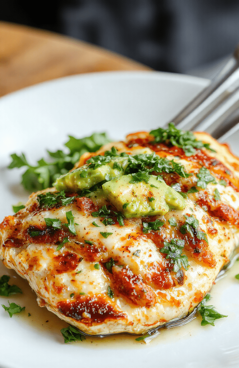 Colorful grilled chicken topped with creamy slices of avocado, garnished with fresh herbs on a rustic white plate. The vibrant green avocado contrasts with the golden-brown chicken, with a background of summer greens and a hint of citrus. Textured chicken grill marks and smooth avocado slices create an appealing, fresh summer meal aesthetic.