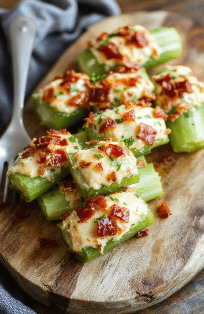 A vibrant plate of stuffed celery sticks filled with creamy cheddar cheese, crispy bacon bits, and ranch dressing, arranged neatly on a rustic wooden platter with fresh herbs scattered around, showcasing the contrasting textures of crunchy celery and cheesy filling, styled with a natural, inviting presentation.