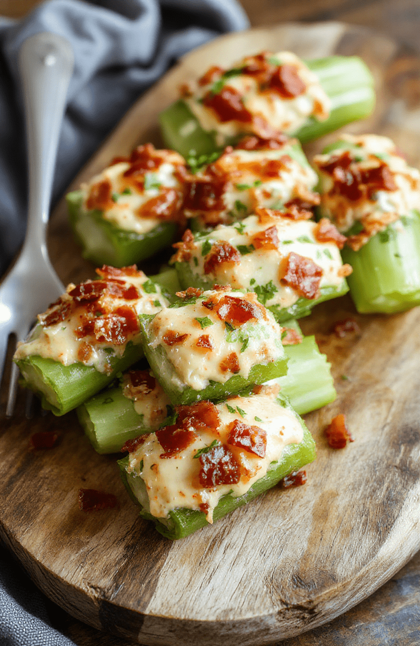 A vibrant plate of stuffed celery sticks filled with creamy cheddar cheese, crispy bacon bits, and ranch dressing, arranged neatly on a rustic wooden platter with fresh herbs scattered around, showcasing the contrasting textures of crunchy celery and cheesy filling, styled with a natural, inviting presentation.