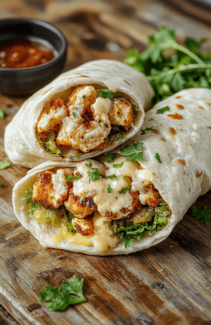 A vibrant chicken Caesar wrap placed on a rustic wooden surface. The wrap is filled with crispy romaine lettuce, tender grilled chicken slices, creamy Caesar dressing, and grated Parmesan cheese, all wrapped in a golden, slightly toasted tortilla. The colorful ingredients peek out, inviting and appetizing, with a hint of fresh herbs scattered around, styled casually for a tempting, homemade feel.