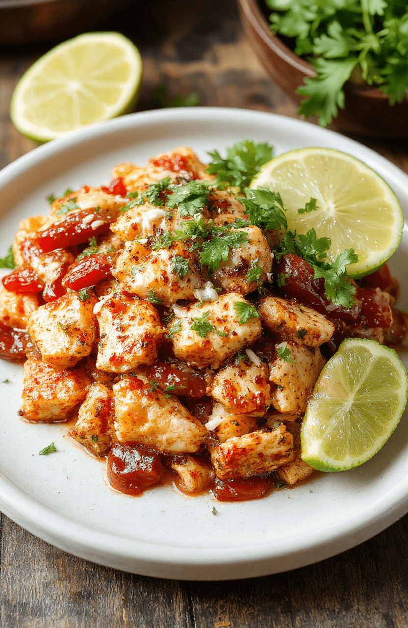 Colorful chicken fajita burrito bowl featuring vibrant red and green bell peppers, seasoned grilled chicken slices, creamy avocado, and melted cheese arranged on a rustic white plate, styled with fresh cilantro and lime wedges, emphasizing textures of tender chicken, roasted peppers, and cheesy rice, with a lively and inviting presentation.