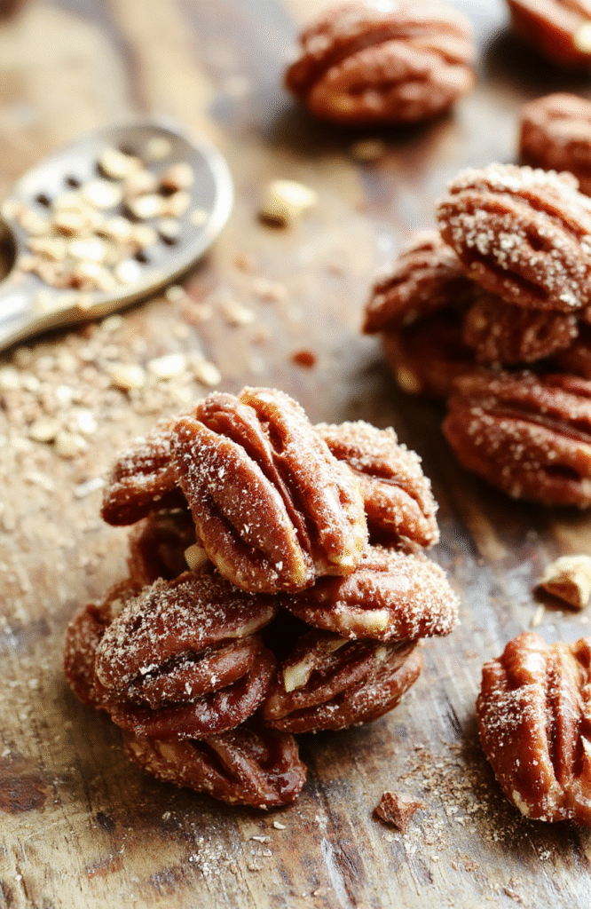 Golden brown pecans coated with cinnamon sugar topping arranged on a white plate, flaky coconut flakes and cinnamon dust sprinkled around, styled with a rustic wooden background, naturally lit to highlight the glossy pecans and crunchy texture.