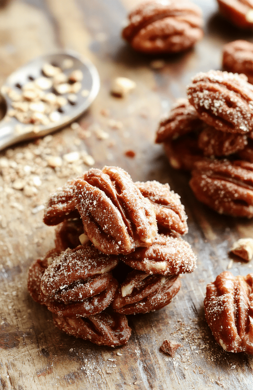 Golden brown pecans coated with cinnamon sugar topping arranged on a white plate, flaky coconut flakes and cinnamon dust sprinkled around, styled with a rustic wooden background, naturally lit to highlight the glossy pecans and crunchy texture.