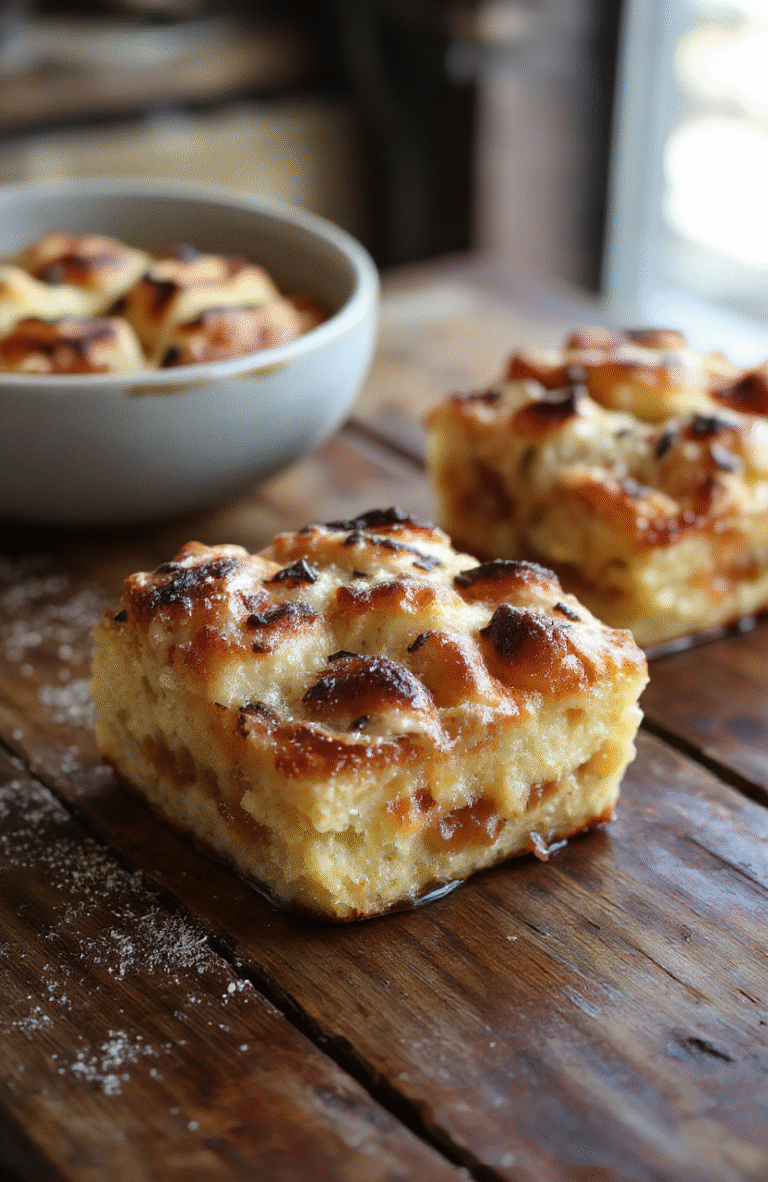 A warm, golden-brown bread pudding served in a rustic white bowl, topped with a drizzle of caramel sauce and fresh whipped cream, with crispy edges and soft, moist interior, styled on a cozy wooden table with a soft-focus background.