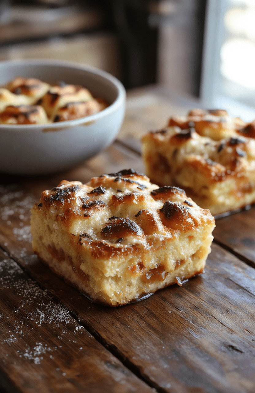 A warm, golden-brown bread pudding served in a rustic white bowl, topped with a drizzle of caramel sauce and fresh whipped cream, with crispy edges and soft, moist interior, styled on a cozy wooden table with a soft-focus background.