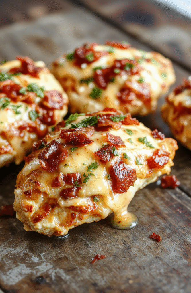 Colorful plated BBQ bacon cheddar chicken featuring golden-brown grilled chicken topped with crispy bacon, melted cheddar cheese, vibrant BBQ sauce, garnished with chopped green onions on a rustic wooden surface.