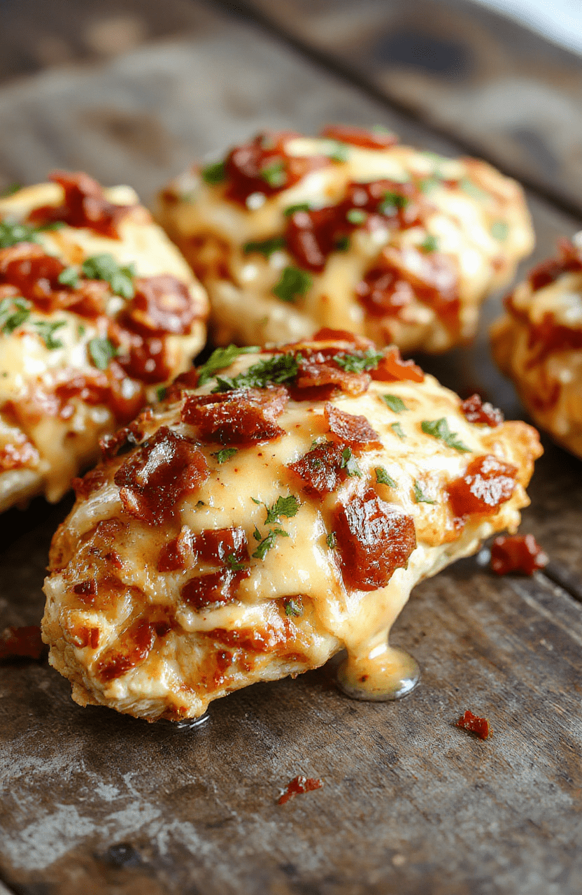 Colorful plated BBQ bacon cheddar chicken featuring golden-brown grilled chicken topped with crispy bacon, melted cheddar cheese, vibrant BBQ sauce, garnished with chopped green onions on a rustic wooden surface.