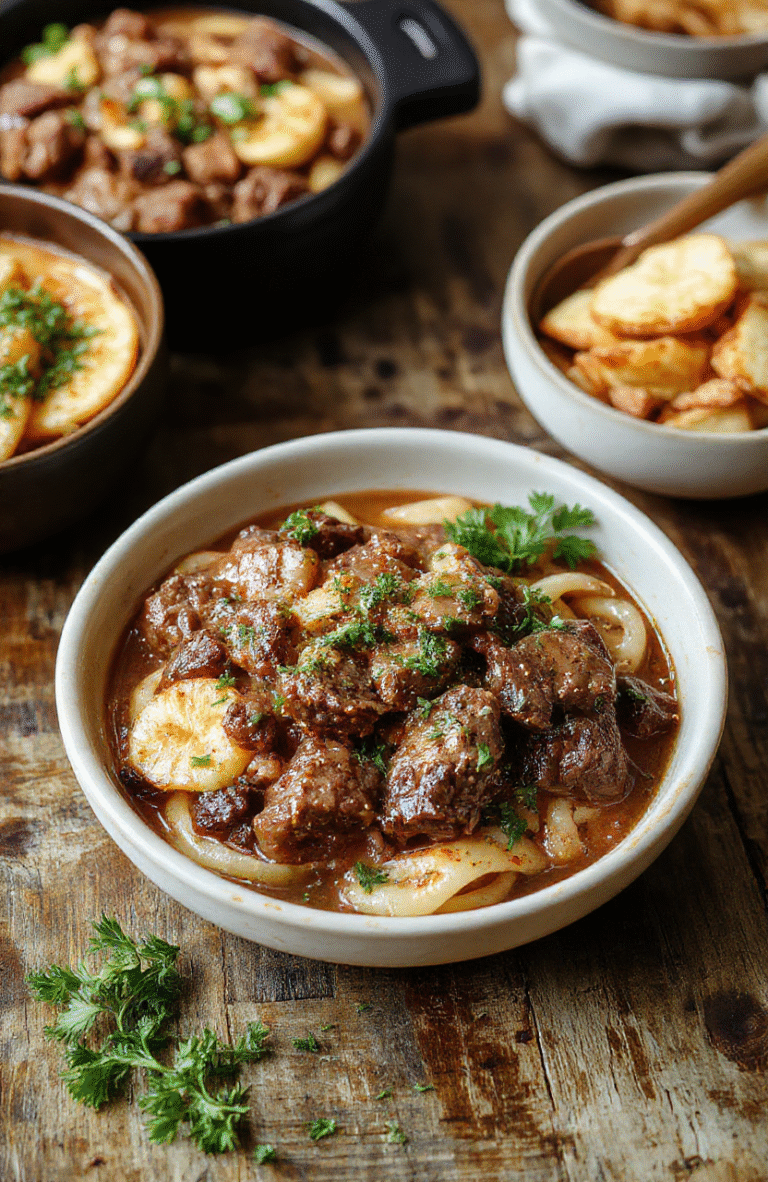 A warm, hearty bowl of beef and noodles featuring tender shredded beef, thick egg noodles, and a rich brown gravy, topped with chopped parsley, served on a rustic wooden table with steam rising in natural daylight, styled for inviting home-cooked comfort food presentation.