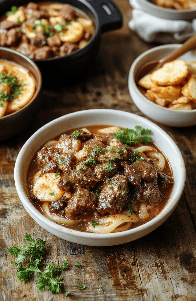 A warm, hearty bowl of beef and noodles featuring tender shredded beef, thick egg noodles, and a rich brown gravy, topped with chopped parsley, served on a rustic wooden table with steam rising in natural daylight, styled for inviting home-cooked comfort food presentation.