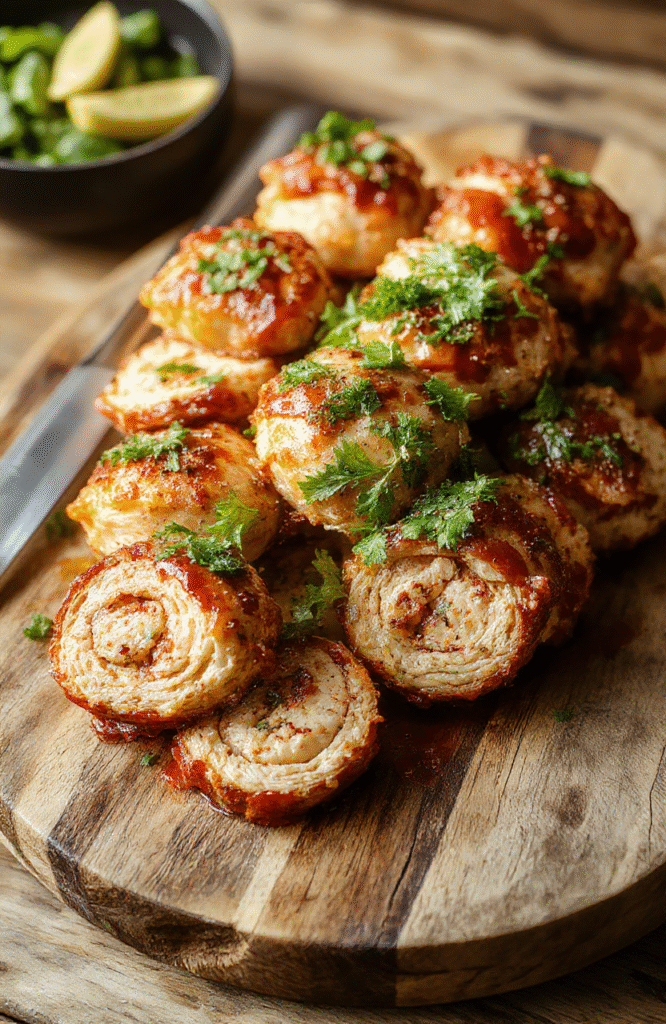 Vibrant golden-brown crack chicken pinwheels with melted cheese oozing from the flaky pastry, garnished with chopped green onions, arranged on a rustic wooden platter, with a crispy edge and creamy filling visible, styled for an inviting and casual presentation.