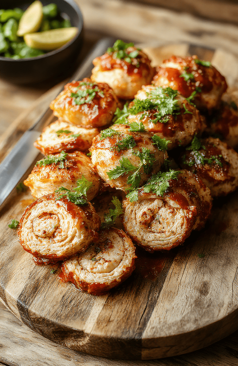 Vibrant golden-brown crack chicken pinwheels with melted cheese oozing from the flaky pastry, garnished with chopped green onions, arranged on a rustic wooden platter, with a crispy edge and creamy filling visible, styled for an inviting and casual presentation.
