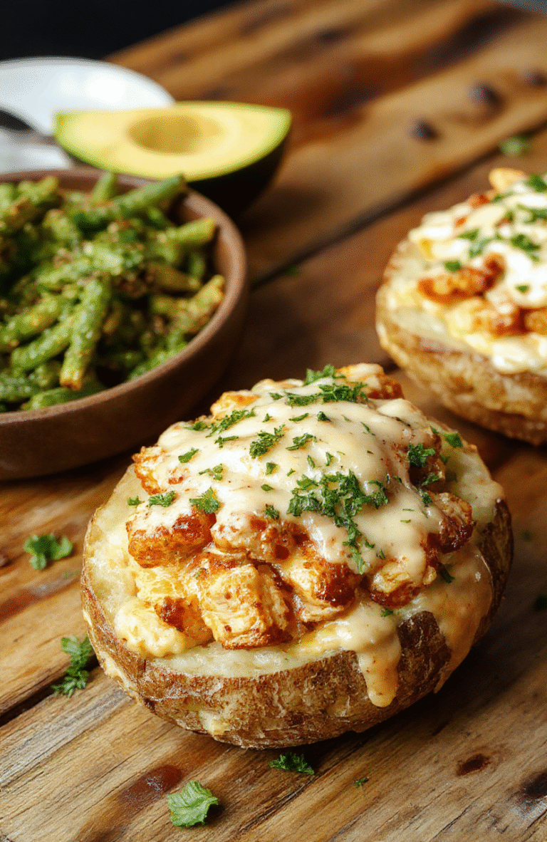 A close-up of a baked potato split open and generously filled with shredded chicken coated in creamy cheese and bits of crispy bacon, topped with chopped green onions and melted cheese. The vibrant yellow-orange skin contrasts with the white fluffy interior and the melty, cheesy topping, styled on a rustic wooden surface with soft natural light highlighting the textures.