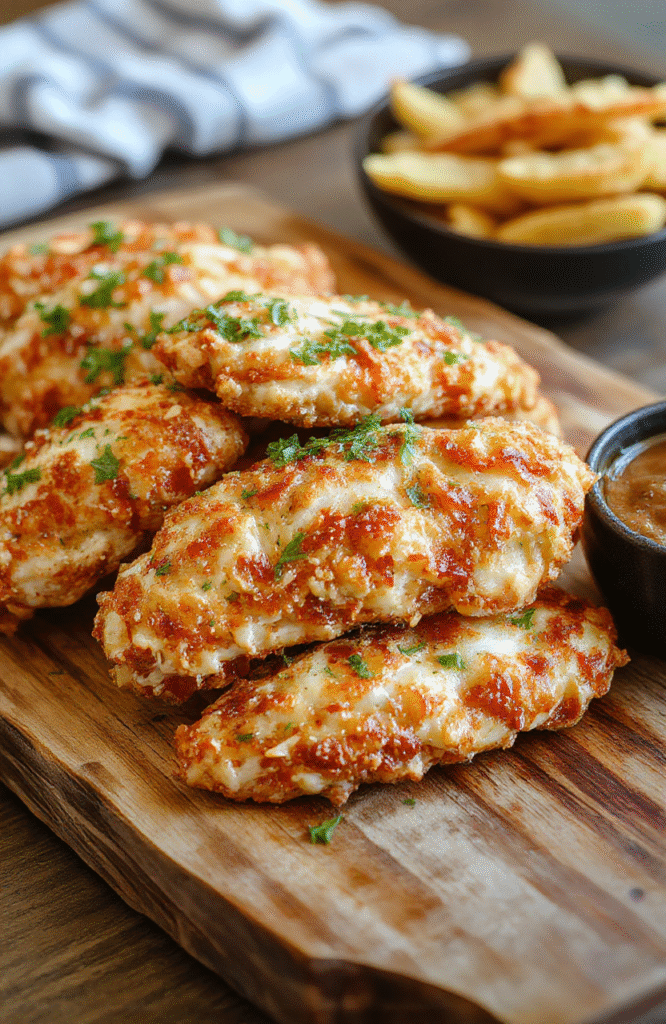 Golden crispy chicken tenders coated with a creamy cheesy sauce, arranged on a rustic wooden platter with fresh herbs and a side of dipping sauce, vibrant and appetizing.