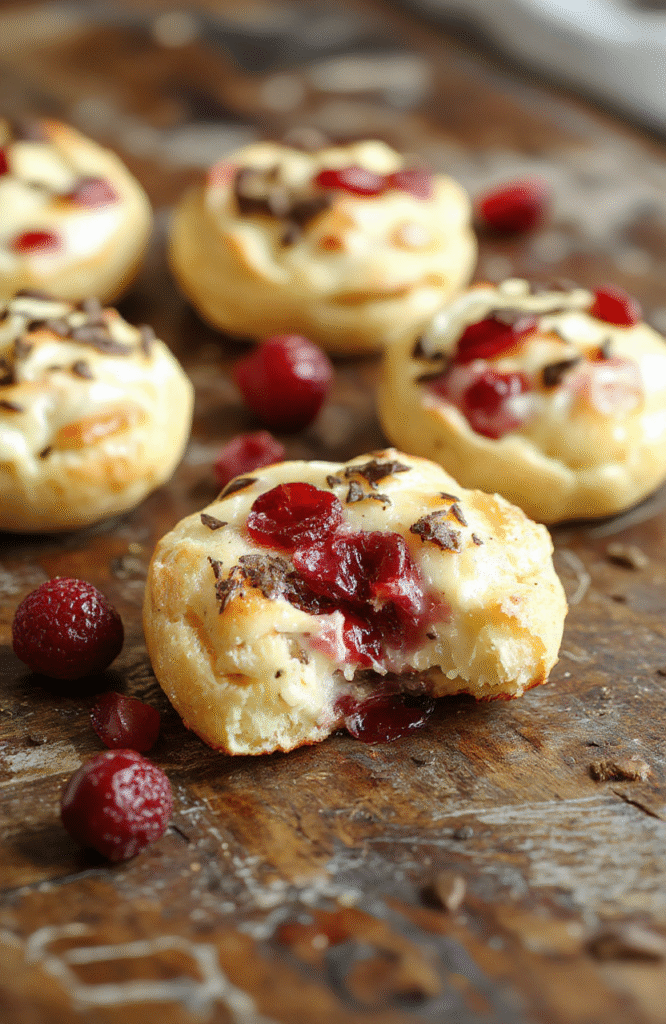 Golden flaky pastry cups filled with creamy brie cheese, topped with vibrant red cranberries and a drizzle of honey, arranged on a rustic white plate with a festive backdrop of pine needles and holiday decor, highlighting textures and rich colors.