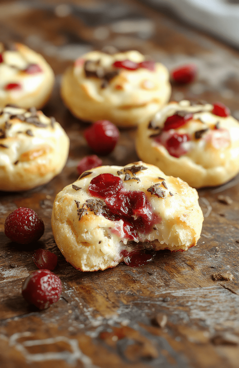 Golden flaky pastry cups filled with creamy brie cheese, topped with vibrant red cranberries and a drizzle of honey, arranged on a rustic white plate with a festive backdrop of pine needles and holiday decor, highlighting textures and rich colors.