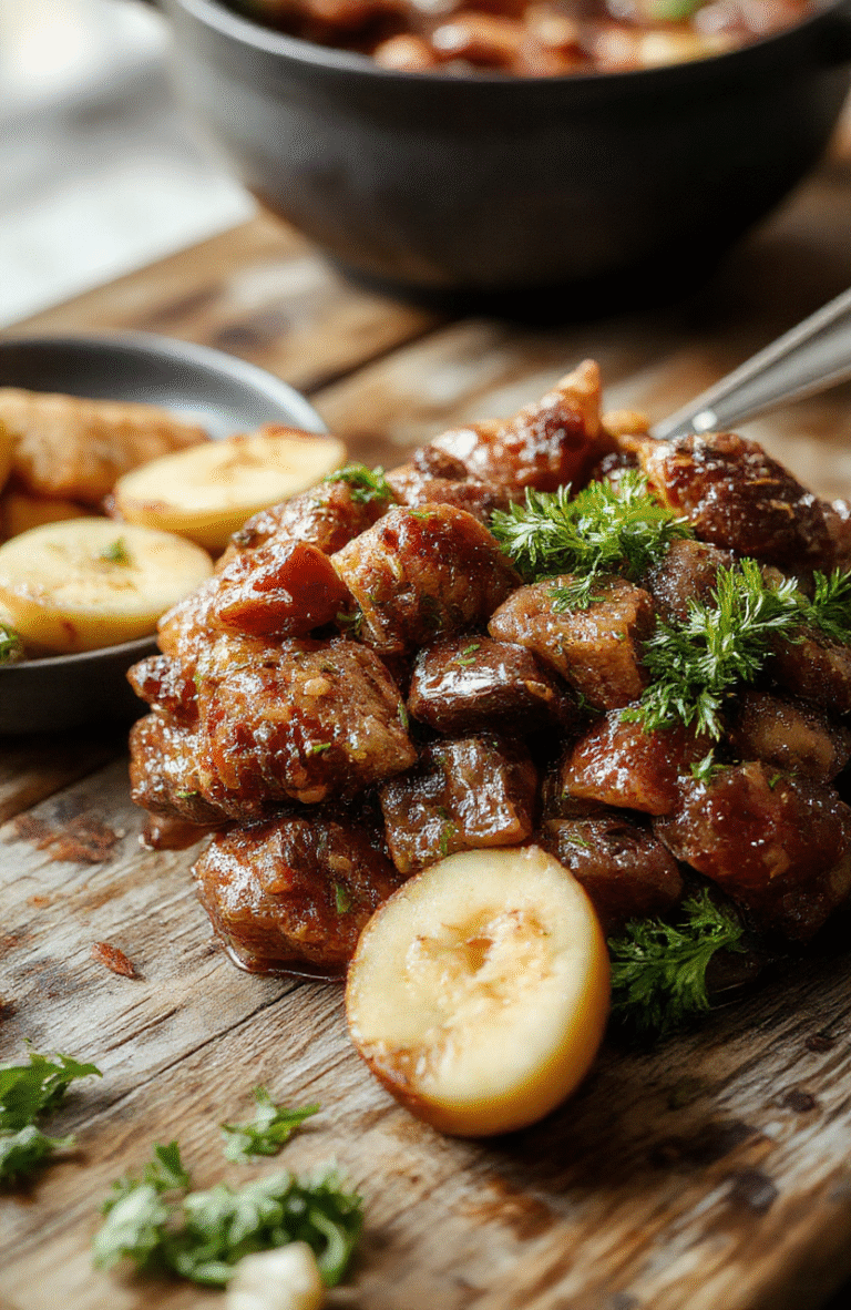 A hearty bowl of Crock Pot Poor Man's Stew featuring chunks of tender beef, potatoes, carrots, and peas, topped with fresh herbs. The stew is served in a rustic ceramic bowl with steam rising, set on a wooden table, with a spoon resting beside it. The vibrant colors of the vegetables contrast beautifully with the rich brown broth, offering a cozy and inviting look perfect for a comforting meal.